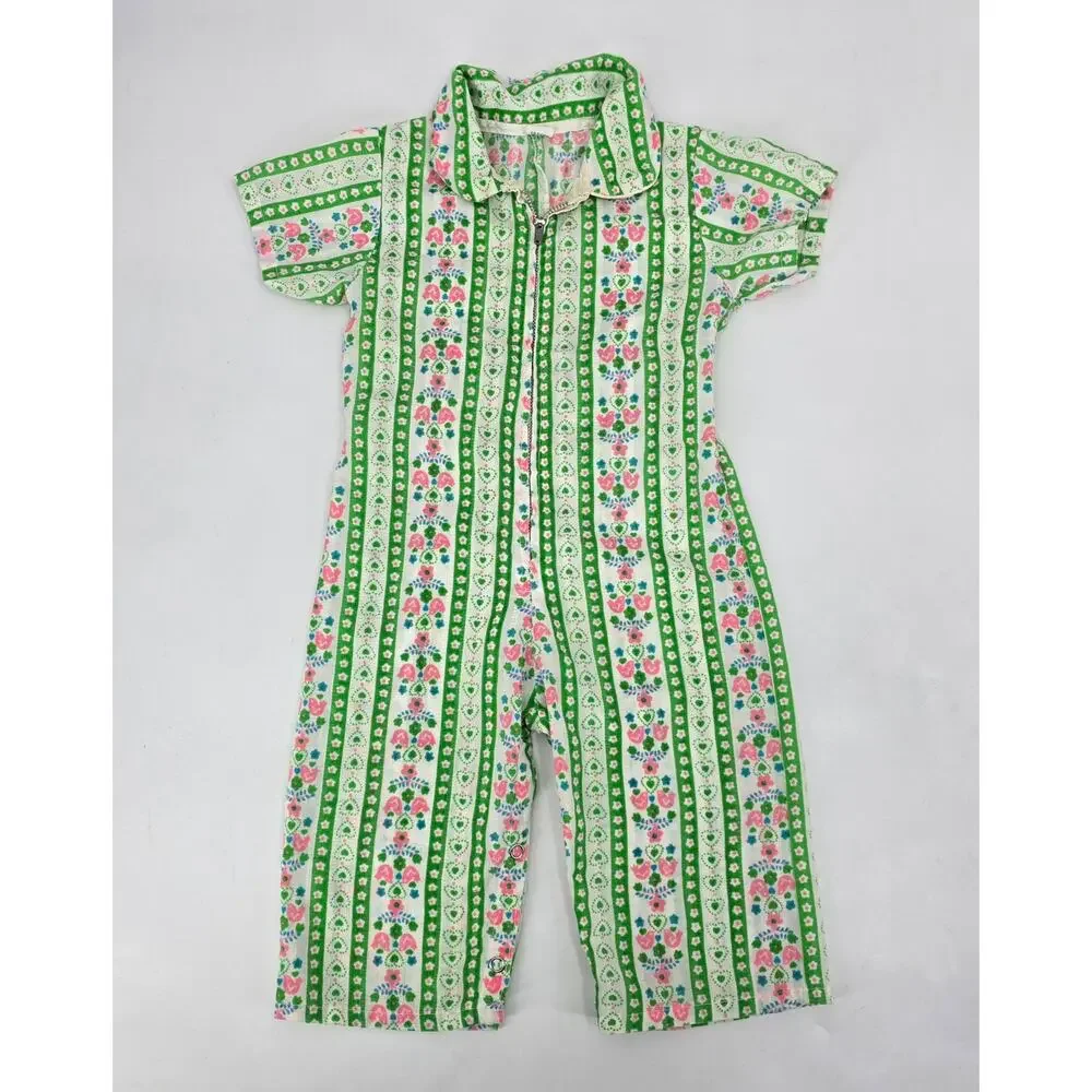Vintage Lily-Kids Floral Romper 4T Green Pink Folk‎ Print Mod Girls Jumpsuit 70s